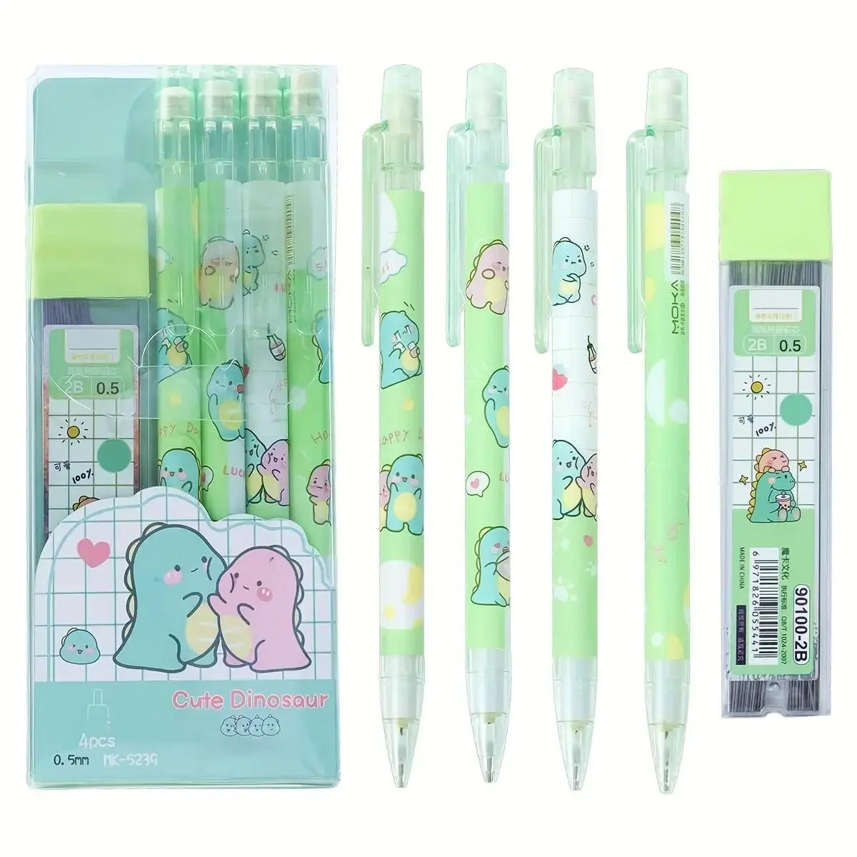 Cute Mechanical Pencil Set, 4-Pack with 0.5mm Automatic Lead, Dinosaur & Heart Design, Durable Plastic, Stationery Set, School Office Supplies, Mechanical Pencils Set, Writing Tools