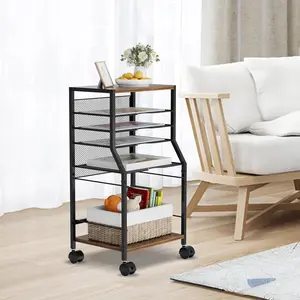 Rolling File Cart, 6-Tier Under Desk Organizer on Lockable Wheels, Brown Wood Planks & Mesh File Cart with Hanging File Folders Rack and Paper Trays for Office Home, 14.7" L x 11.8" D x 27.5" H