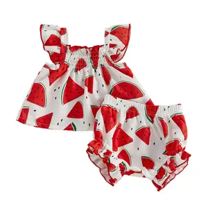 Baby Toddler Girl Summer Outfits 3 6 12 18 Months Watermelon/Sunflower/Ocean Print Ruffled Trim A Line Flying Sleeve Tops and Shorts 2 Pcs Clothes Set