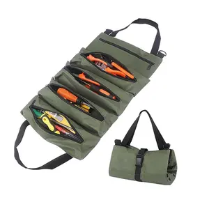 Durable tool storage bag, suitable for electricians and mechanics - hand-held roller blind design, multiple compartments, adjustable shoulder straps, green wear-resistant fabric, zipper closure, easy to organize manual tools, Tool Bag Organizer