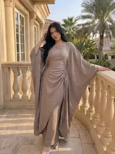 #CL96 Women’s Elegant Kaftan Pants Dress Set Luxury Loose Fit Batwing Sleeve Long Top and Wide Leg Pants Modest Fashion Outfit, Built-in adjustable waist belt design Womenswear Clothes Suits Elegance
