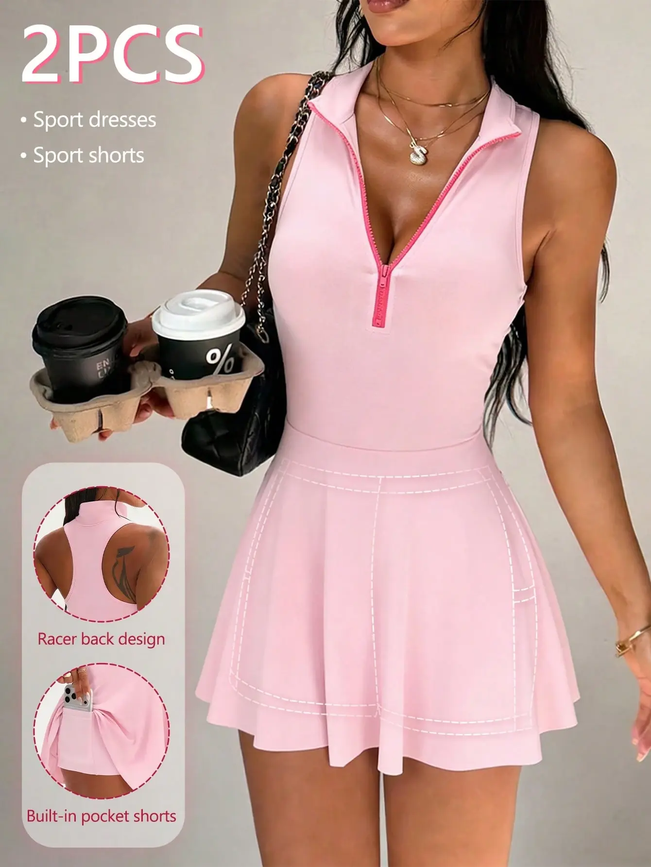 ZESTY Tennis dress hot pink racerback built-in shorts golf summer activewear