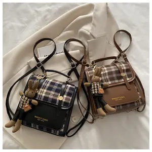 New Fashion Retro Small Backpack -Lightweight Backpack - Plaid Design with  Casual Daypack,with Buckle Closure, Plaid Design with With rabbit pendant