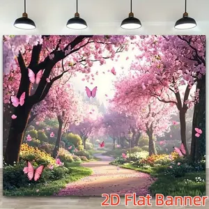 1PC,2D Flat Customize Backdrop Romantic Cherry Blossom Forest Butterfly Decorative Backdrop, Spring Garden Path Themed Festival Party Decoration Background, Dreamy Pink Flower Tree Butterfly Scene Photo, Banners, Polyester