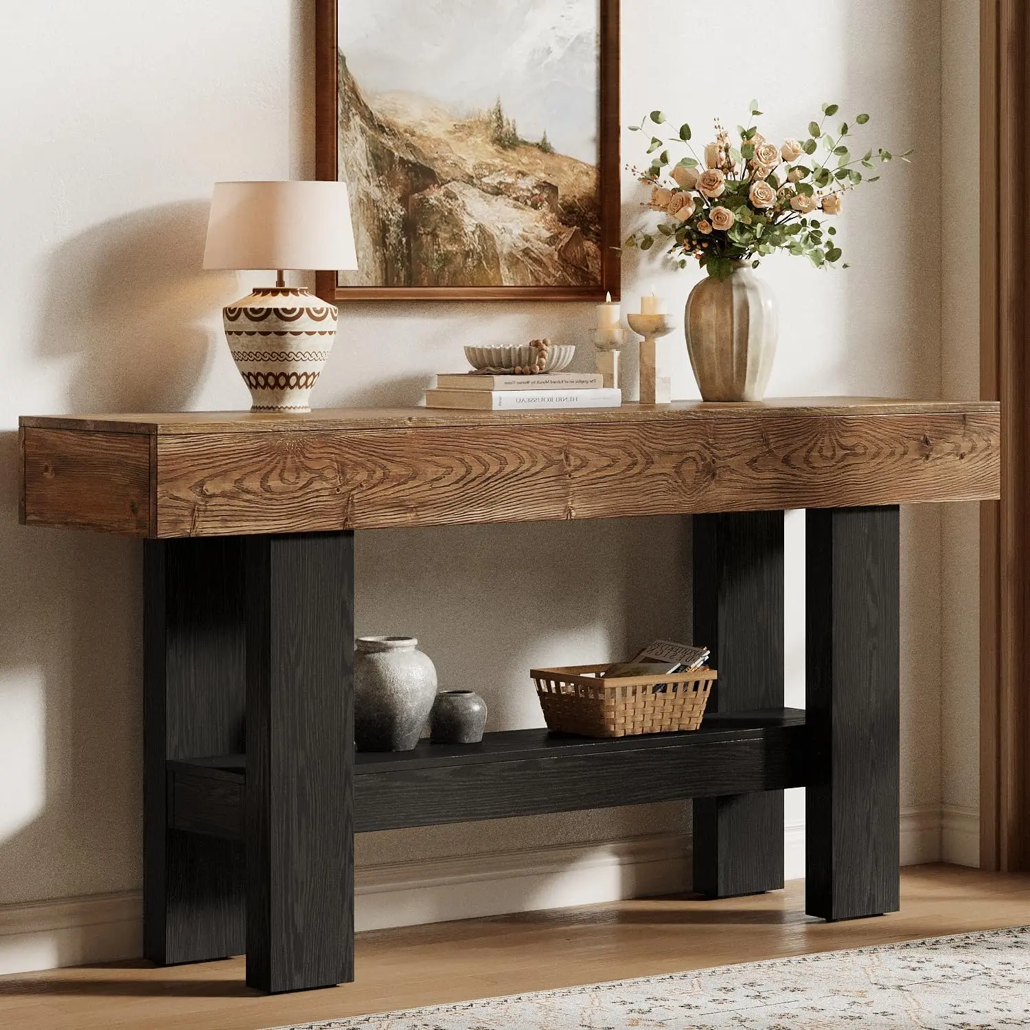 TRIBEWOOD Solid Wood Console Table With Storage For Entryway And Living Room, 63-Inch Long, Rustic Brown & Black TRIBEWOOD Solid Wood Console Table With Storage For Entryway And Living Room, 63-Inch Long, Rustic Brown & Black