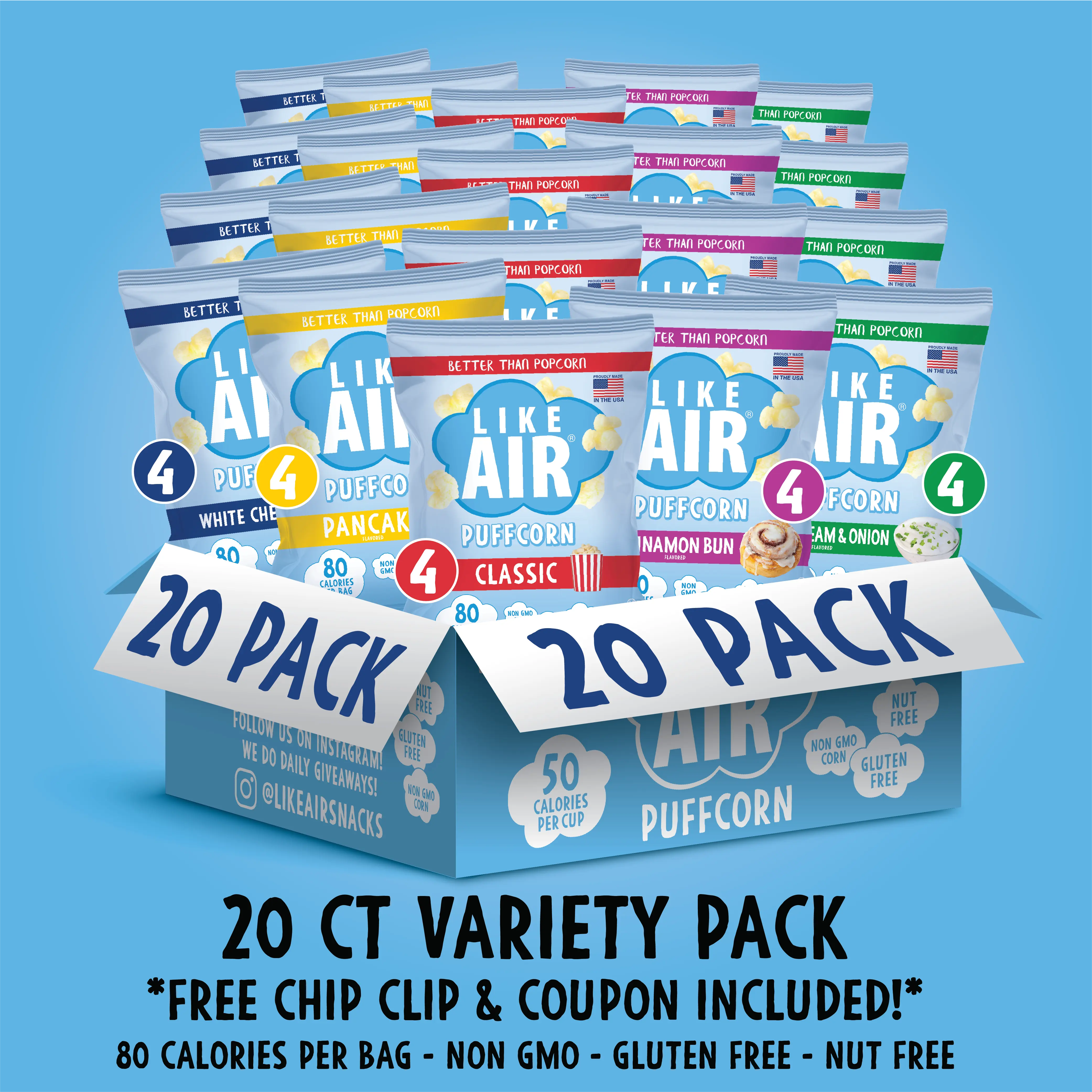 Puffcorn Single Serve Variety Pack - 20 bags - Like Air Puffcorn Puffcorn Single Serve Variety Pack - 20 bags - Like Air Puffcorn