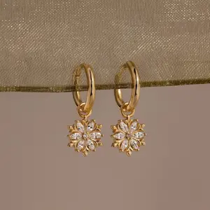 Diamond Poinsettia Hoops by Caitlyn Minimalist - Christmas Flower Dangle Earrings in 18K Gold Finish & Sterling Silver - Dainty Crystal Jewelry - Friend Gift