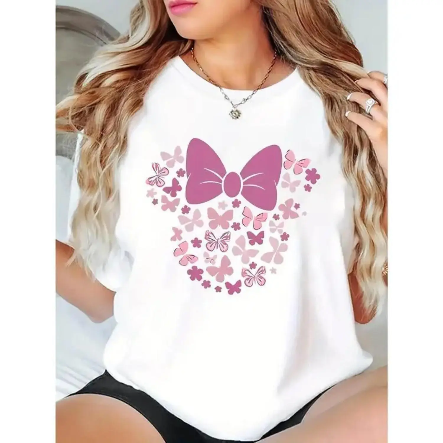 Pink Butterfly Mouse Head Print Crew Neck Short Sleeve Knit T-Shirt – All-Season Comfort Fit
