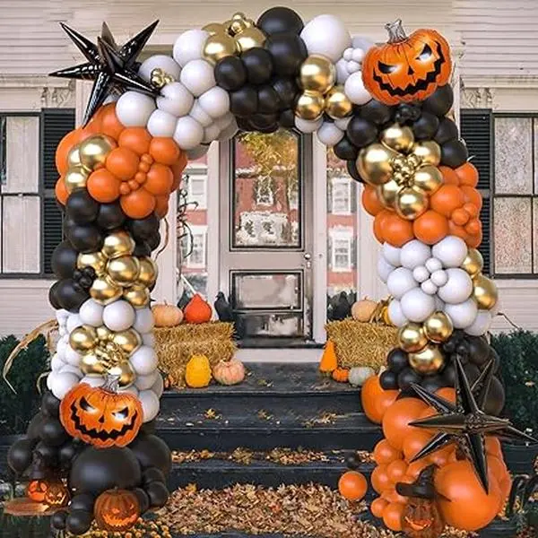 Halloween Balloon Garland Arch Kit, Orange Sand White Black Gold Balloons and Mylar Pumpkin balloons for Birthday Halloween Party decorations