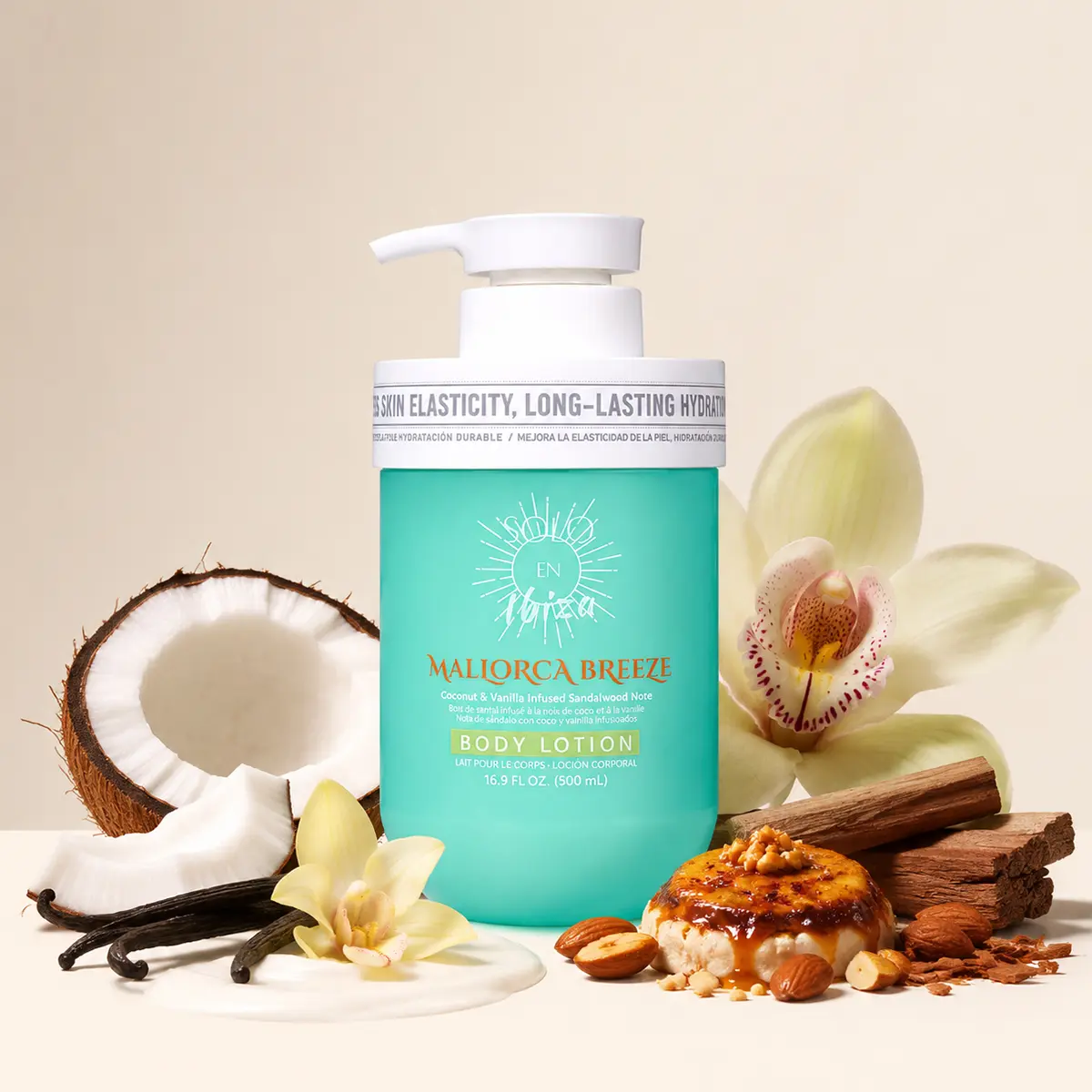 SOLO EN IBIZA Body Lotion, Moisturizing Body Care with Warm Vanilla Scents, Toasted Praline & Coconut, Daily & Cruelty Free Formula, 16.9 oz, Moisturizer, Cosmetic, Moisturizers, Gentle, Vegan