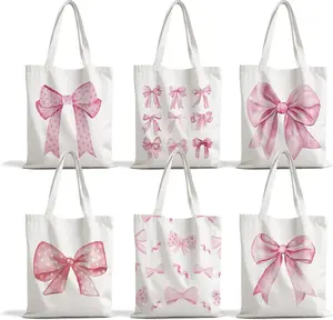 6Pcs Pink Bow Rip-Proof Unisex Canvas Bags, Cartoon Party Supplies, Aesthetic Goodie Bags for Kids Birthday & Baby Shower Craft Gifts