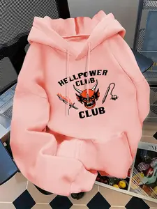 Women's Fashion Hooded Sweatshirt, Cartoon Pattern & Hellpower Club Letter Print, Kangaroo Pocket, Casual Long Sleeve Fall Winter