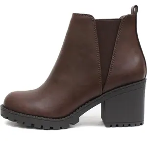 WOMEN LUG SOLE MID HEEL FASHION ANKLE BOOTIE W/DOUBLE ELASTIC GORE Girl Footwear Brown Brown Brown Walking Shoes Shoe Comfort Platform