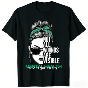 Mental Health Awareness Vintage Graphic T-Shirt – "Not All Wounds Are Visible" Quote Tee, Messy Bun & Glasses Design, Unisex Casual Short Sleeve Crew Neck Top, Soft Cotton Breathable Everyday Wear, Inspirational Statement Shirt, Trendy Graphic Tee