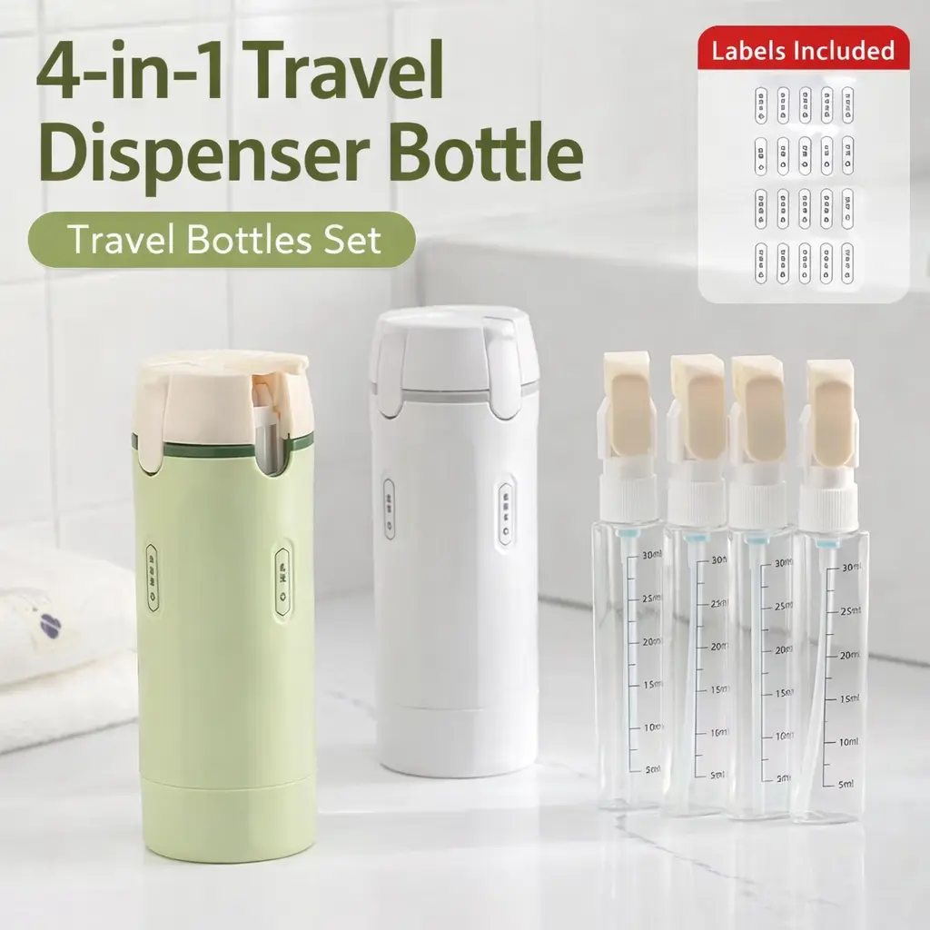 4-in-1 Travel Dispenser Bottle for Toiletries Portable Cosmetic Shampoo Storage Lotion Compact Plastic Container Wholesale Easy Press Smooth Flow bottle