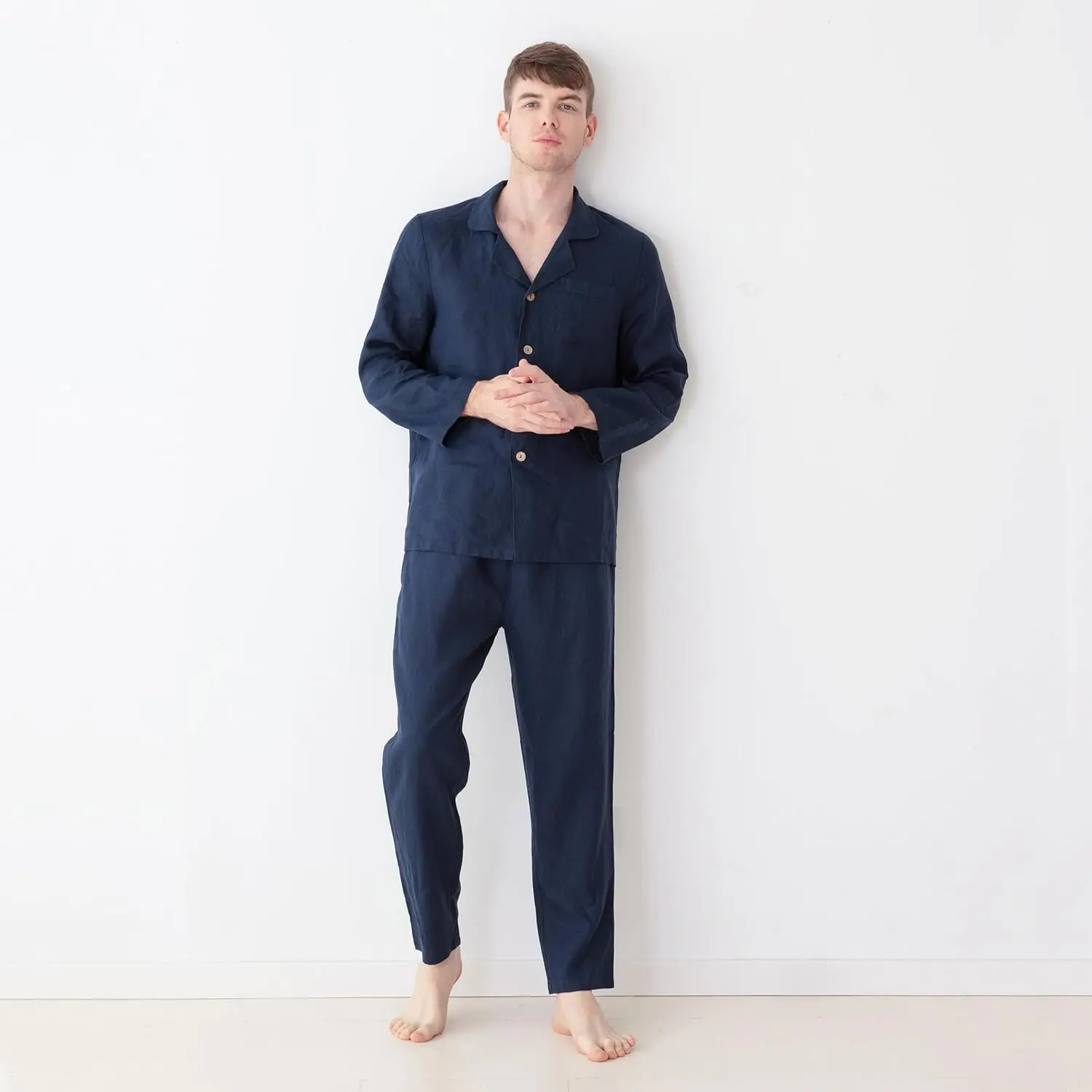 Simple&Opulence Men's 100% Linen Pajama Set, Plain 2-Piece Loungewear, Short Sleeve Top and Shorts with Pockets, Soft & Breathable, Menswear, Sleepwear Pajamas, Buttons