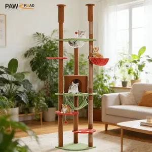 PAWZ Road Floor to Ceiling Cat Tree 92.9-101.6 inches Height Adjustable Cat Tower Tall Kitty Climbing Play House with Scratching Posts, Cozy Condo, Perches and Large Hammock for Indoor Cats Gray Vertical Scratcher#SummerVibes #petlovers