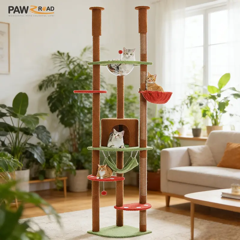 PAWZ Road Height-Adjustable Floor-to-Ceiling Cat Tree (92.9-101.6 in) – Tall Tower with Scratching Posts, Cozy Condo, Perches, Large Hammock for Indoor Felines, Gray Vertical Scratcher#DealsForYouDays