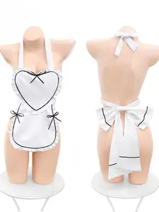 Sexy French Maid Lingerie - White Heart Shaped Apron with Ruffle Trim. Black Bow Tie Accents & Spaghetti Straps, Halter Neck. Cute Cosplay Role Play Outfit for Party Nightclub Events. Ultimate Maid Costume for Stunning Look. Perfect for Role Play