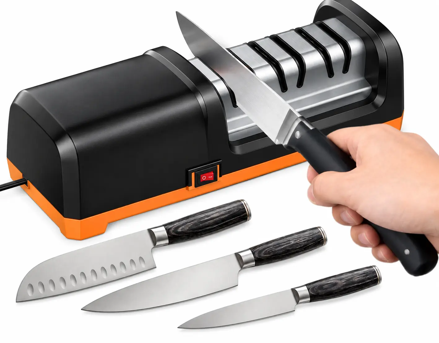 Electric Kitchen Knife Sharpener - 3-Stage Professional Automatic System with 100% Diamond Abrasives, 20° Precision Angle, Quick Sharpening & Polishing, Non-Slip Base, Black/Orange