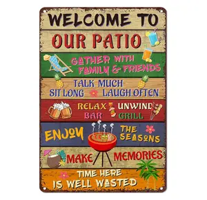 Welcome to Our Patio Outdoor Metal Sign – Colorful Rustic Wall Decor for Backyard, Poolside Bar, Funny Summer Sayings with Icons Poster Vintage Tin Sign, Great Gift for Neighbors & Friends 8x12 Inch