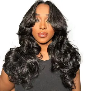 Subella Curtain Bangs Wig Chic Retro HD Lace Pre Plucked Pre Bleached Body Wave Human Hair Wigs