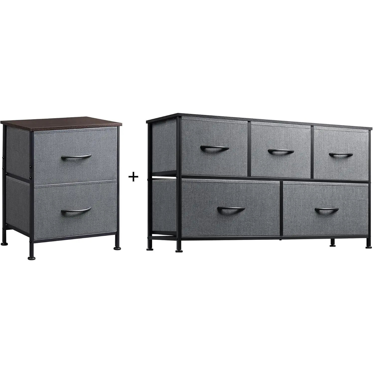 2-Drawer Nightstand and 5-Drawer Dresser Set, Fabric Storage Tower for Bedroom, Hallway, , Closets, Tall Chest Organizer Unit with Textured Print Fabric Bins, Steel Frame