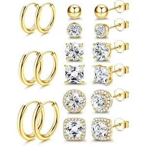 MILACOLATO Cubic Zirconia Stud Earrings for Women Men S925 Sterling Silver Post - Hypoallergenic 18K Plated Gold Hoop Earring Big Round Square CZ Halo Studs Earrings for Sensitive Ears, Hoop Earring Sets