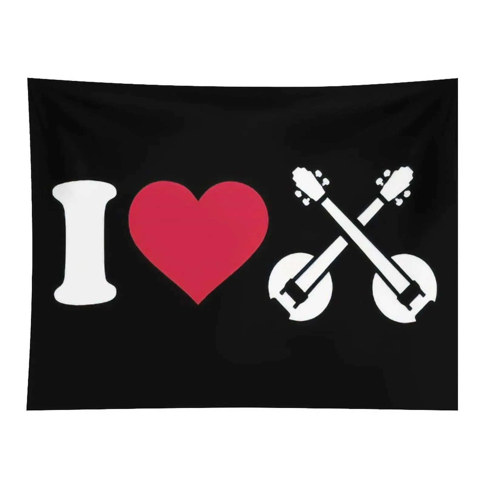 I Love Banjo Musical Instrument Graphic Wall Tapestry Retro Black Background Red Heart Music Lover Wall Hanging Art for Room Decoration