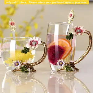 Enamel Sunflower Crystal Glass Tea Cup Set, Creative Floral Handle, Luxury Coffee Mug, Party Gift, Mother's Day Present, Durable Glass Cup, Coffee Glasses, Drinkware