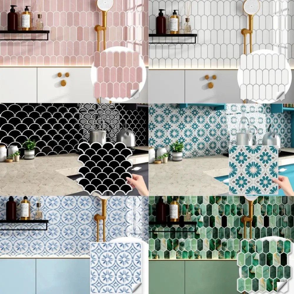 20PCS Waterproof Vinyl Peel and Stick 3D Brick Wall Tile Sticker, Decor for Kitchen & Room Backsplash (Green/Blue/Pink) home wallpaper moisture  moisture proof 3D Backsplash Tile