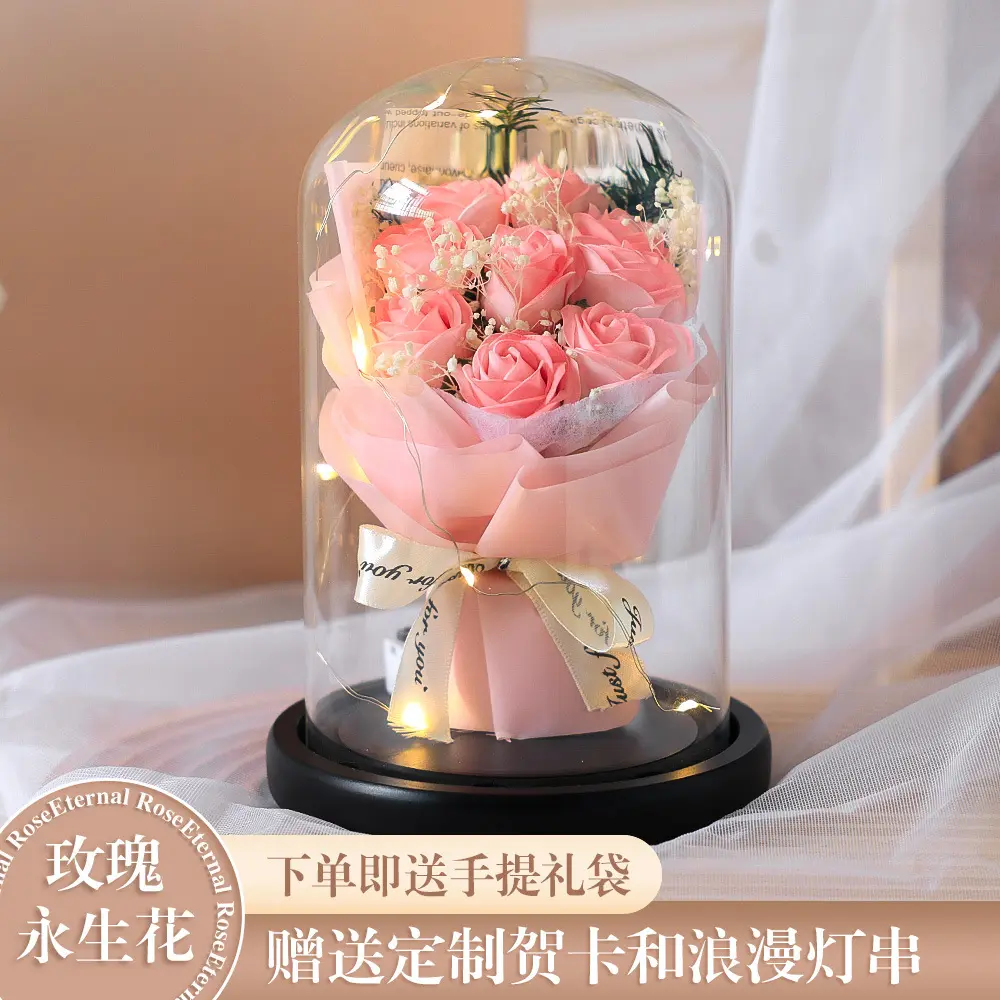 Romantic LED Pink Rose Preserved Flower Glass Dome, Perfect Valentine's Gift for Girlfriend