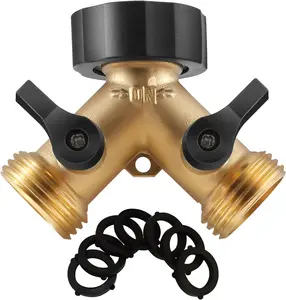 IPOW Brass Heavy Duty 2 Way Y Valve Garden Hose Splitter Adapter High Flow Spigot Splitter + 6 Rubber Hose Washers with Comfort Grip Use