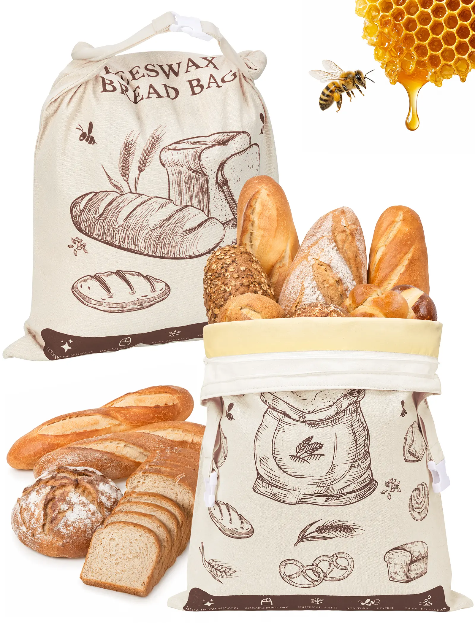 NiHome Beeswax Bread Bags for Homemade Bread, 2 Pack Reusable Cotton Canvas Bread Storage Bags, Natural Beeswax-Lined Freshness Keeper for Sourdough Loaves, Freezer & Fridge, 43 x 32cm