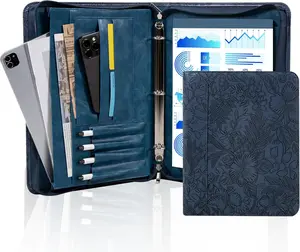 Embossed Portfolio Binder,3-Ring Zipper Padfolio for Women and Men,A4/Letter Size,PU Leather with iPad,Professional Organizer for Resume/Interview (Dark Blue)