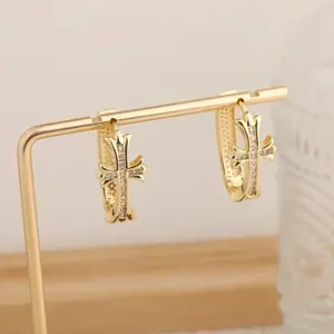 Zircon Cross Hoop Earrings for Women, Chic European Style Elegant Sparkling Minimalist Jewelry DZEH4531         Zircon Cross Hoop Earrings？ Zircon Cross Hoop Earrings？