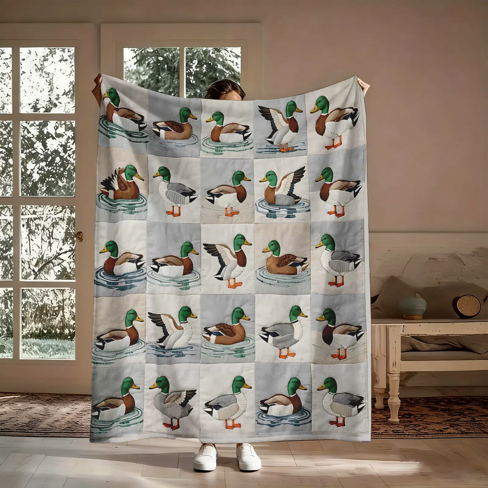Lightweight Flannel Printed Blanket - Patterned Patchwork Mallard Duck Design, Wrinkle-Resistant Soft Throw, for Couch & Bed, Hunting Lovers Gift, Farmhouse Rustic Home Decor