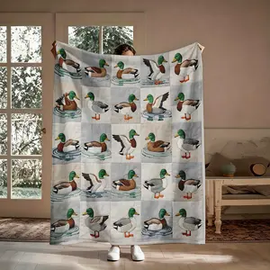 Mallard Duck Flannel Cozy Blanket - Patchwork Wild Duck Design, Hunting Lodge Soft Throw, for Couch & Bed, Gift for Hunting Lovers, Farmhouse Rustic Decor