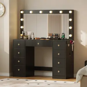 [New Year Deals] Vanity Desk with Large HD Mirror ,9-Drawers Dressing Table Power Outlet,3 Color Modes,12 LED Bulbs for Girls Bedroom,Gift for Daughter Wife & Mom Girls Bedroom Essential