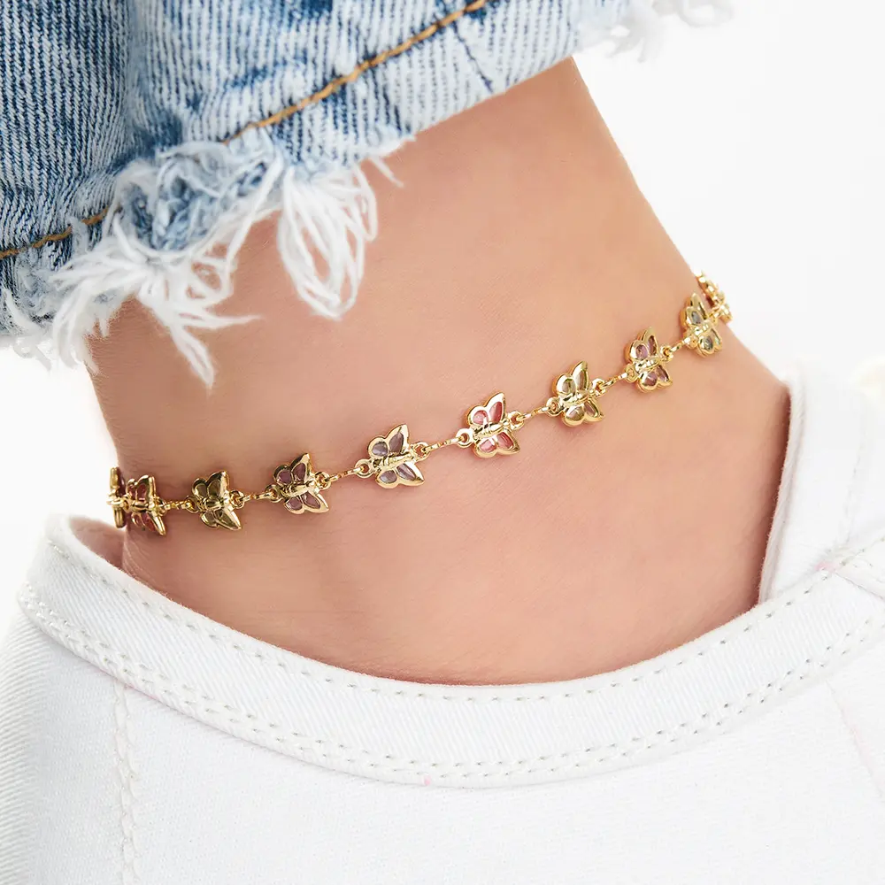 Barzel 18K Gold Plated Multi Color Butterfly Crystal Anklet for Women, 10 Inches, Tarnish Free, Waterproof, Made in Brazil