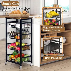 Fruit Basket, 5-Tier Utility Kitchen Organizer and Storage Cart with Pull-Out Baskets and Wood Top, Rolling Pantry Kitchen Cart on Wheels for Fruit Potato Onion Vegetable Snack Produce