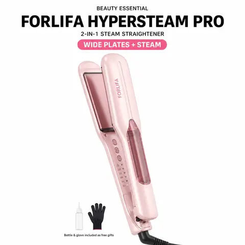 FORLIFA HyperSteam Pro Multifunctional Styler - 2-Way Curlers & Straighteners, 1.5-In Wide Infrared Flat Iron with Ultrasonic Mist, 5 Heat Settings, Dual Voltage, 30-Min Auto Shut-Off, US Plug, Detangling, Frizz Control, Pink, Bottle & Heat Glove Included