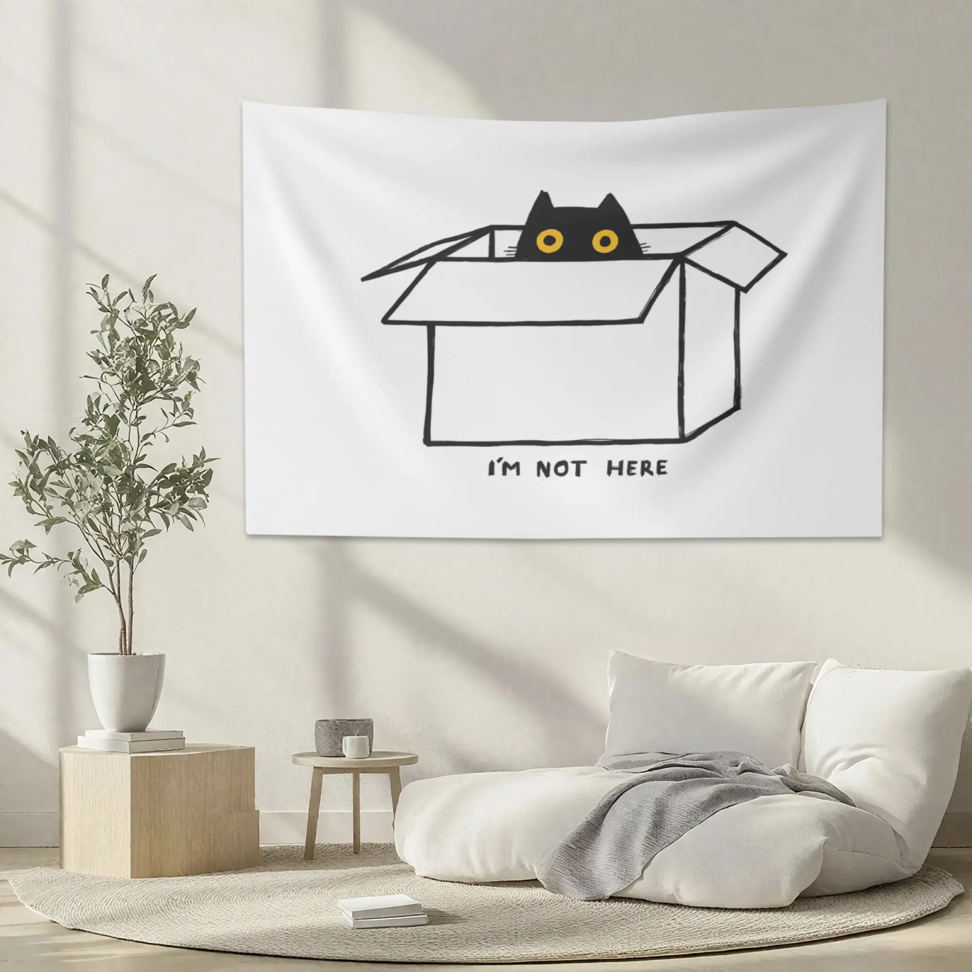 Funny Black Cat in Box Tapestry, “I’m Not Here” Minimalist Cartoon Wall Hanging, Cute Cat Lover Wall Art Decor for Bedroom Dorm Living Room