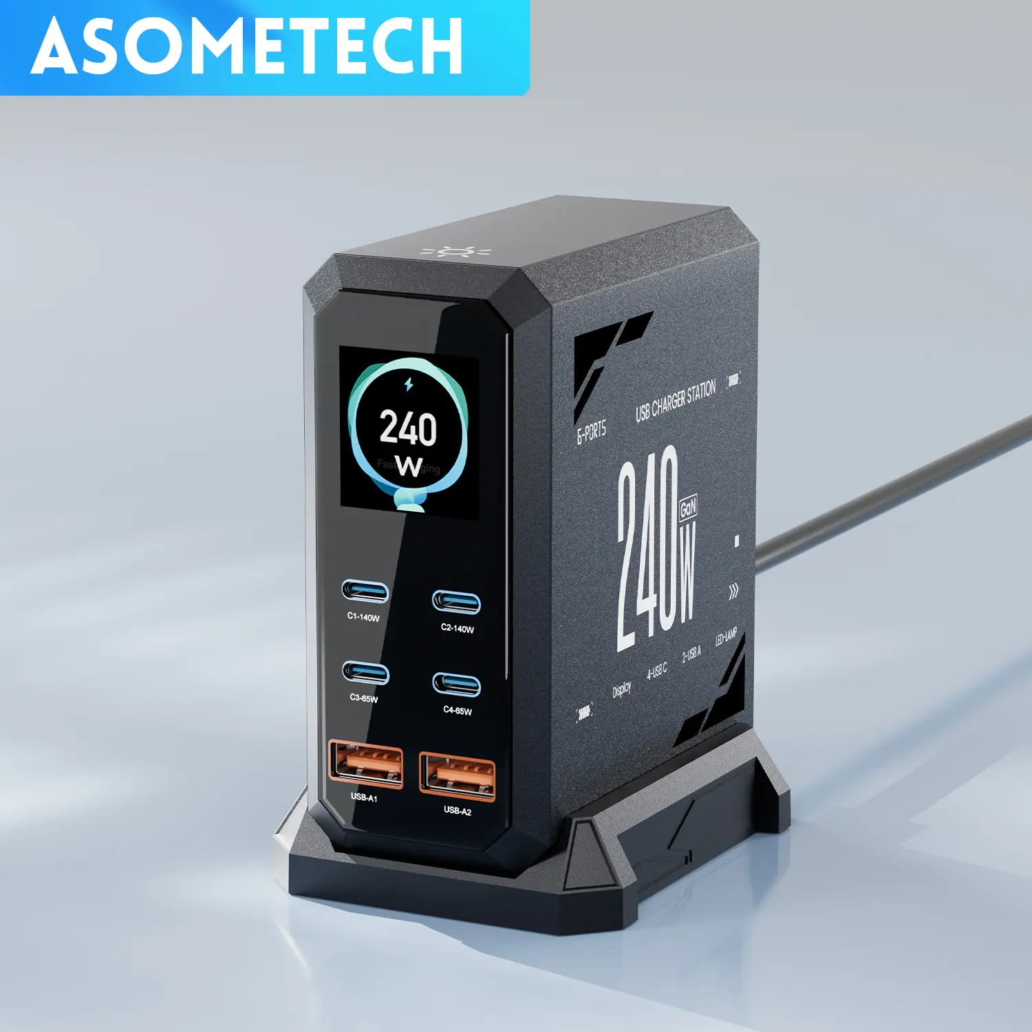 ASOMETECH 240W Digital USB C GaN Charger 6 Ports Desktop Charging Station, PD 3.1 140W USB C Fast Charger Block for MacBook Pro/Air, DELL, Laptop,Fast Charger Power Adapter for iPhone 17 pro max,Samsung Cellphone,iPad,Black tiktokshopspringglowup tiktoksh