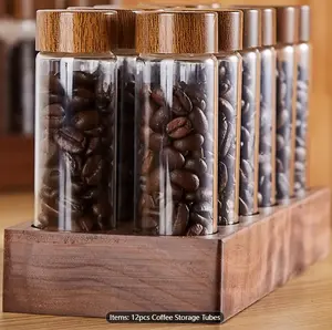 12pcs DIY Coffee Bean Storage Tubes - Single Dose, Wooden Cellar, Display Stand, Funnel - Espresso Accessories
