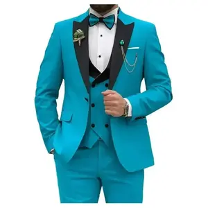 Men’s Blue Slim Fit Three-Piece Double-Breasted Suit – Wedding/Prom/Party/Business (Blazer + Vest + Pants); Men’s Wedding Suits