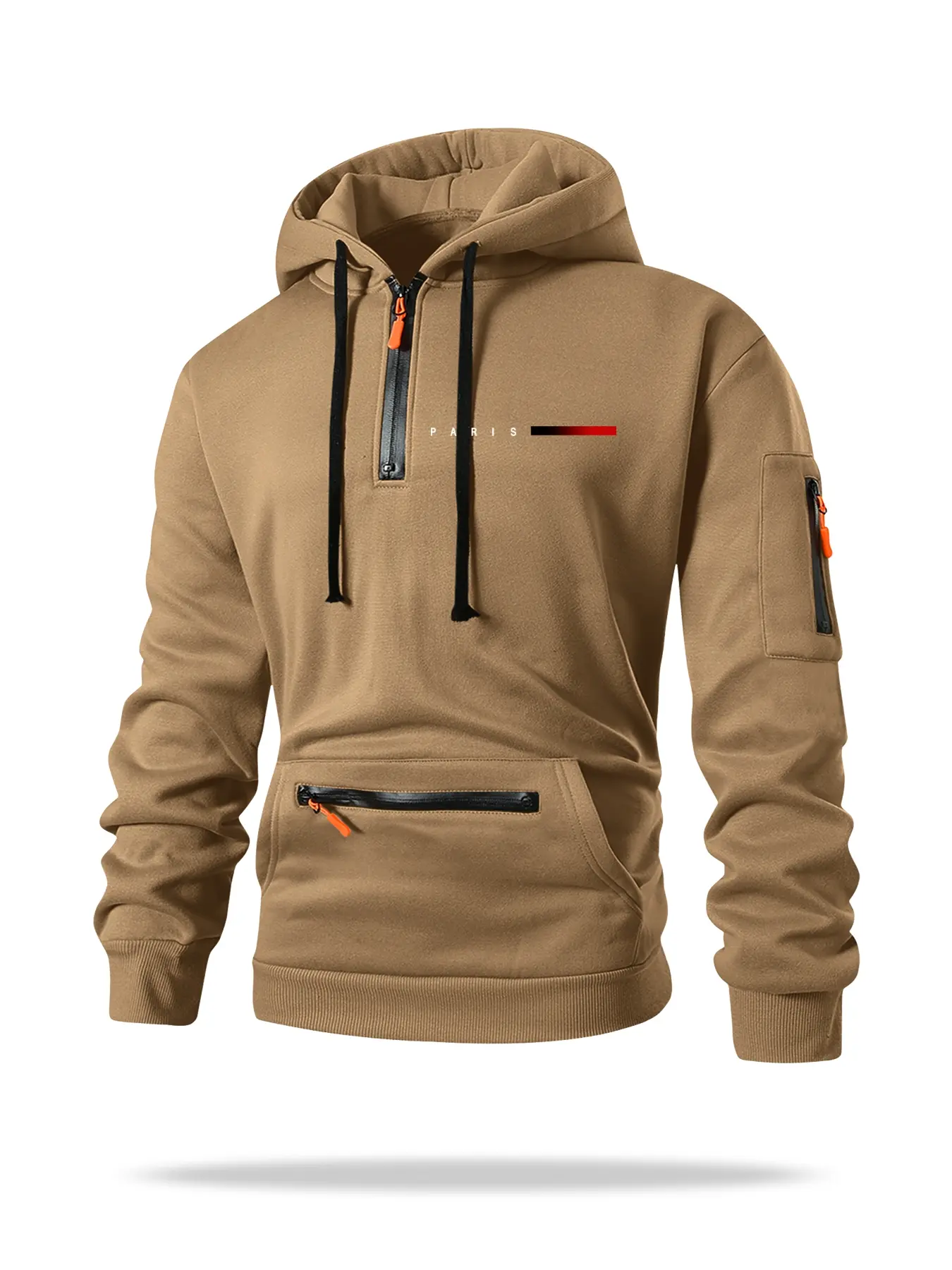 Men's Fall Winter Hooded Sweatshirt, Paris Letter Print Design, Zipper Pocket Detail, Casual Loose Fit Long Sleeve Top