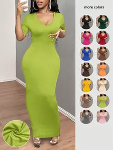 Women's Solid V-Neck Bodycon Short Sleeve Dress Hoco Dresses