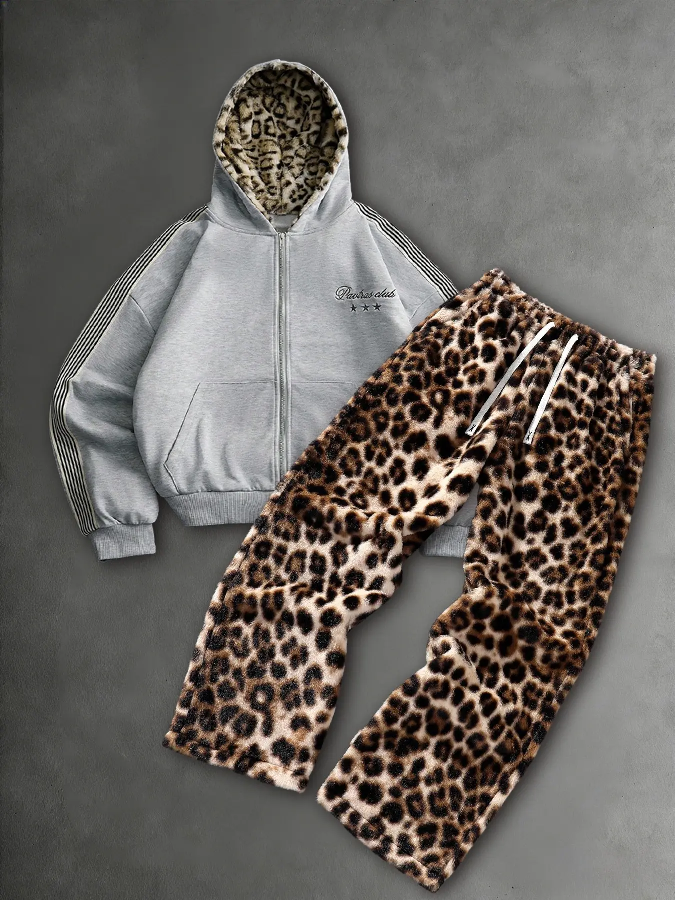 Men's Leopard Print Straight Leg Pants and Hooded Long Sleeves Sweatshirt Set with Pockets, Menswear, Casual Fashion, Fitted, Comfortable Fit, Perfect for Daily Wear
