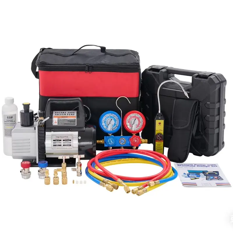 110V 1/3 HP 4CFM Single Stage Vacuum Pump Kit with R134a Manifold Gauge Set, Leak Detector, 1/4" Hoses & Carry Bag for HVAC AC Refrigeration, ETL Listed (Black)